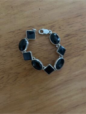 Sterling Silver Black Onyx Link Bracelet - Classic Black Stone Design